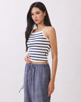 Side view of BTTRMMT Ivory and Navy Striped Ribbed Tank Top featuring square neckline and fitted silhouette.
