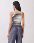 Back view of BTTRMMT Ivory and Navy Striped Ribbed Tank Top showing slim straps, ribbed texture, and cropped fit