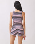 Back view of model wearing BTTRMMT Aurora Soft Stripe Set, ribbed striped romper with scoop back detail.