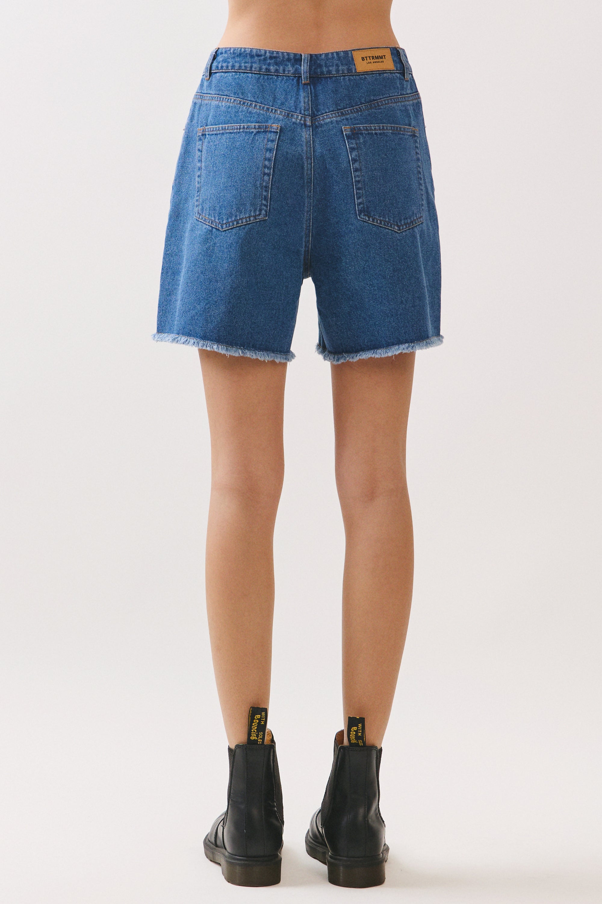 BTTRMMT Rae High Rise Denim Shorts back view showing structured fit, back pockets, and clean high-rise silhouette
