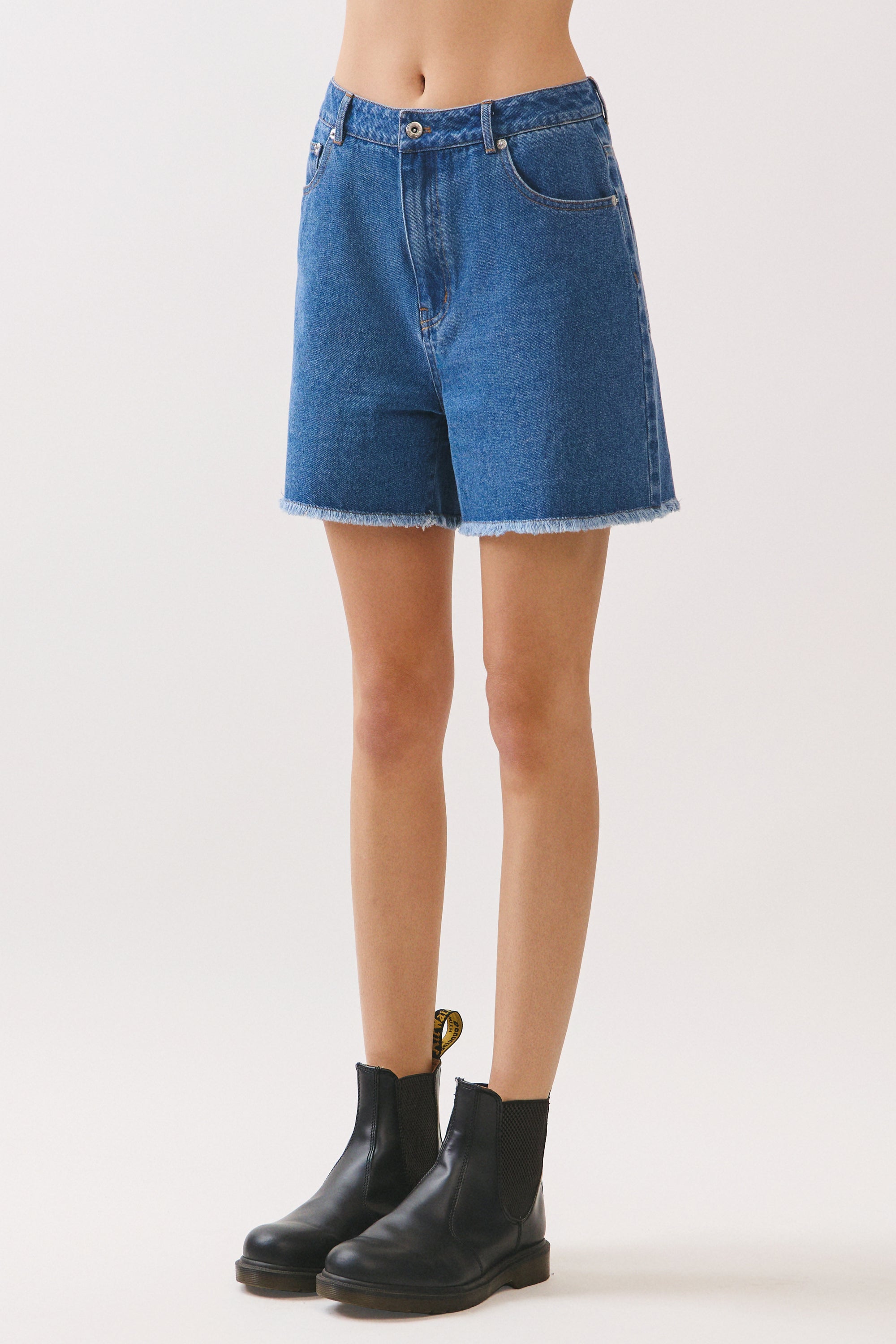 BTTRMMT Rae High Rise Denim Shorts front view with high-rise waist, classic blue denim, and raw hem finish