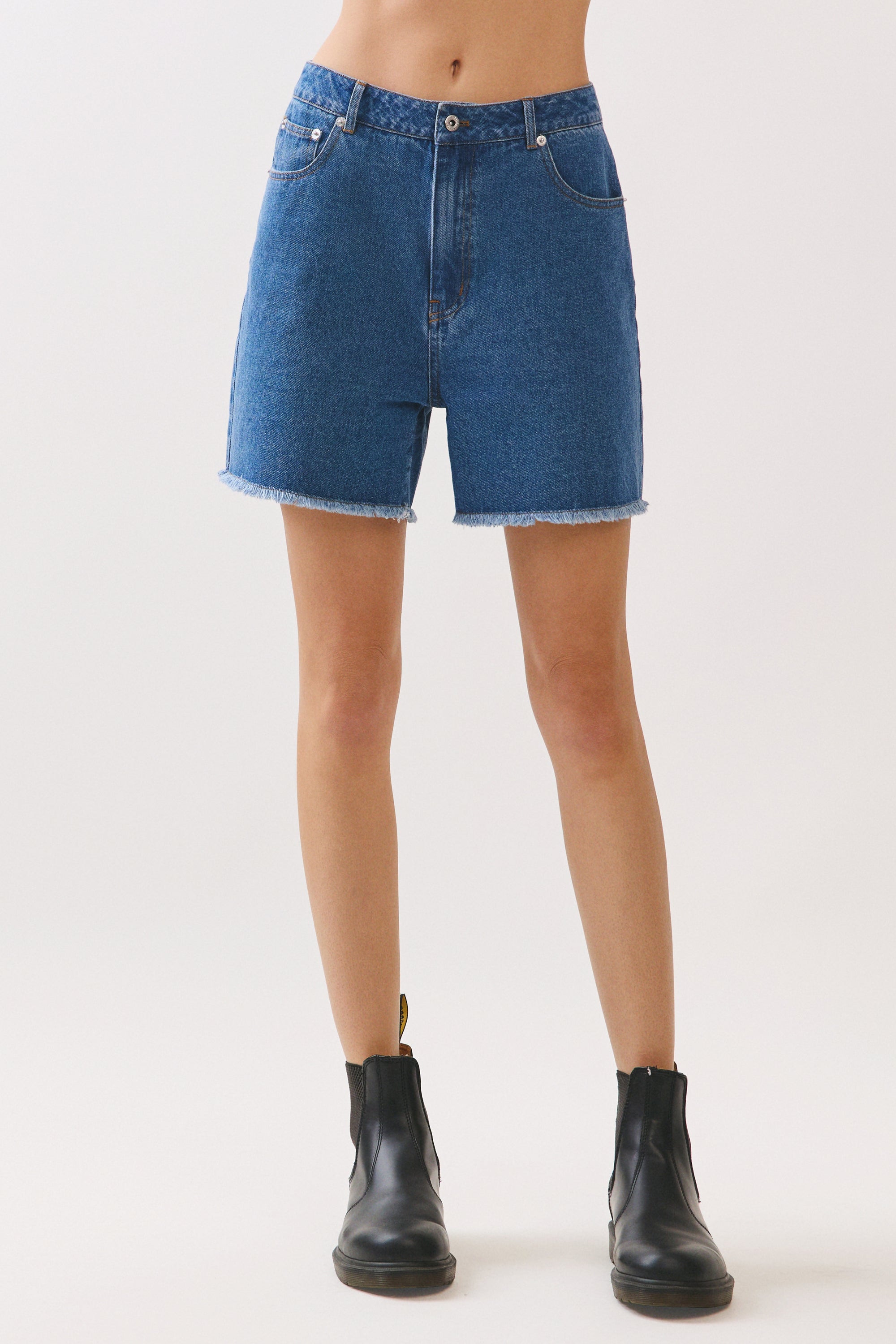 BTTRMMT Rae High Rise Denim Shorts front view with high-rise waist, classic blue denim, and raw hem finish