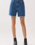 BTTRMMT Rae High Rise Denim Shorts front view with high-rise waist, classic blue denim, and raw hem finish