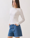 BTTRMMT White Selene Rib Tee side view highlighting slim fit and lightweight ribbed fabric