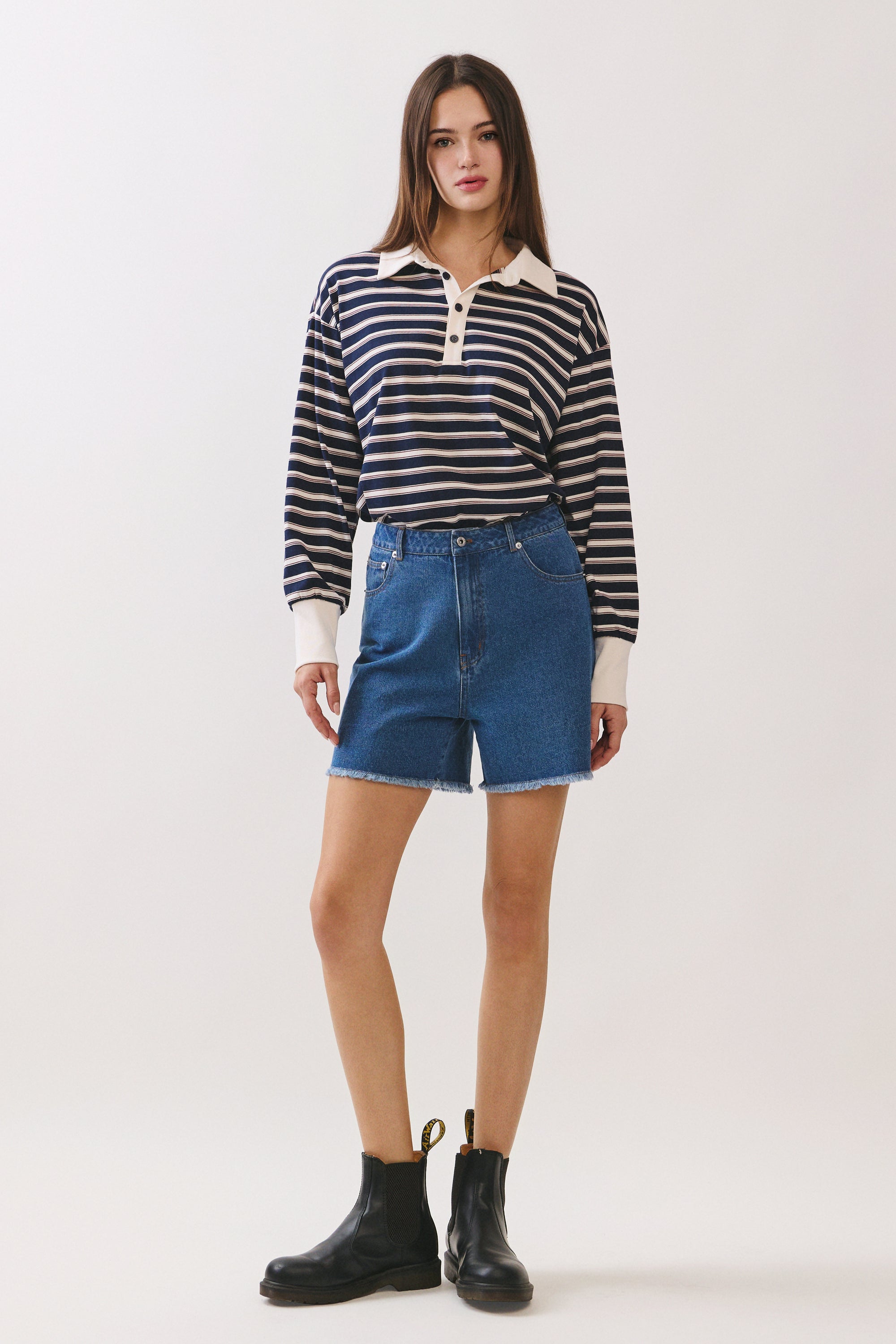 BTTRMMT Sloan Striped Long Sleeve Polo front view featuring relaxed fit with classic stripe pattern