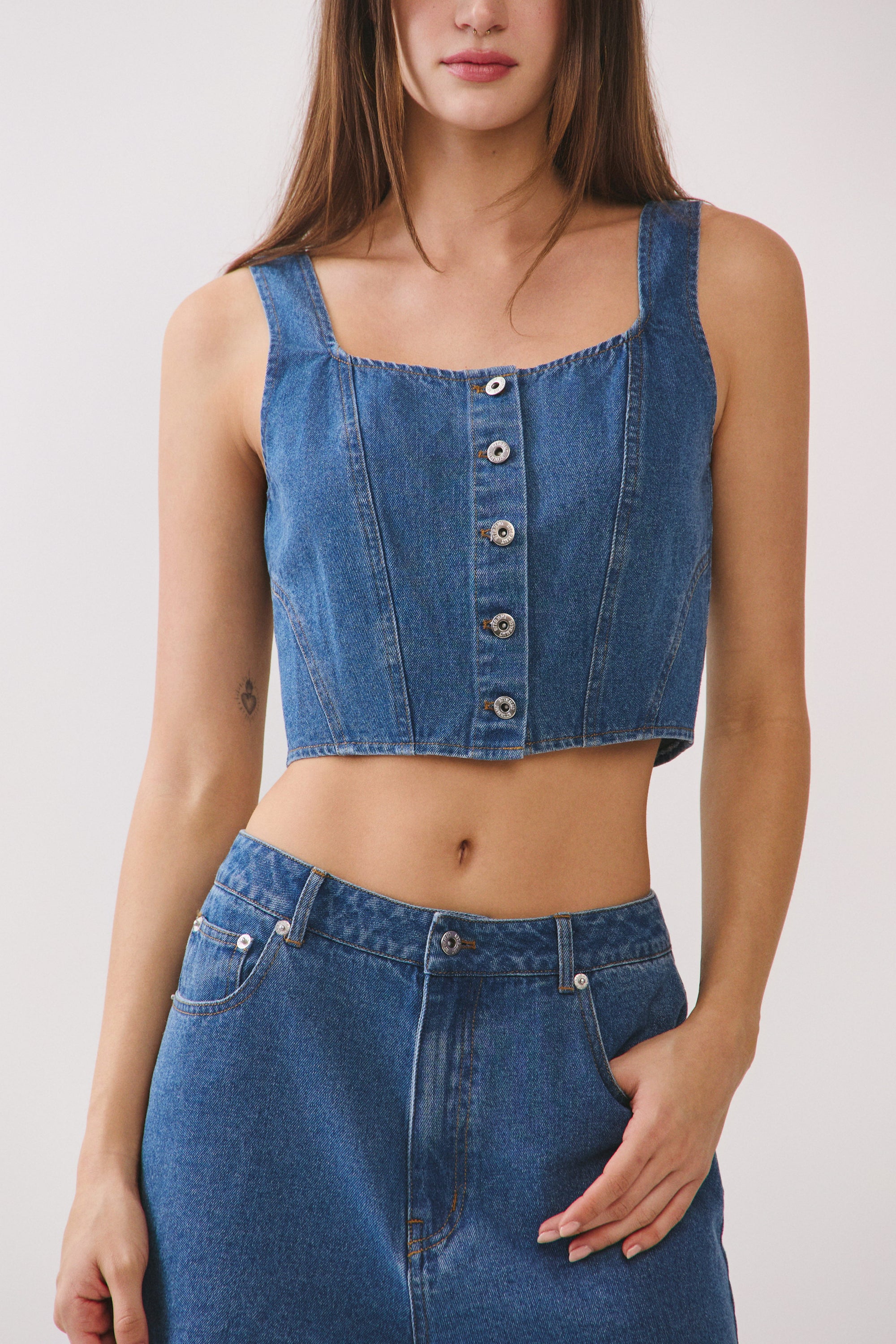 BTTRMMT Rae Structured Denim Top front view with square neckline, button-front detail, and cropped structured fit