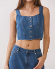BTTRMMT Rae Structured Denim Top front view with square neckline, button-front detail, and cropped structured fit