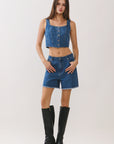 BTTRMMT Rae Structured Denim Top front view featuring square neckline, corset-inspired seams, and button-front denim design
