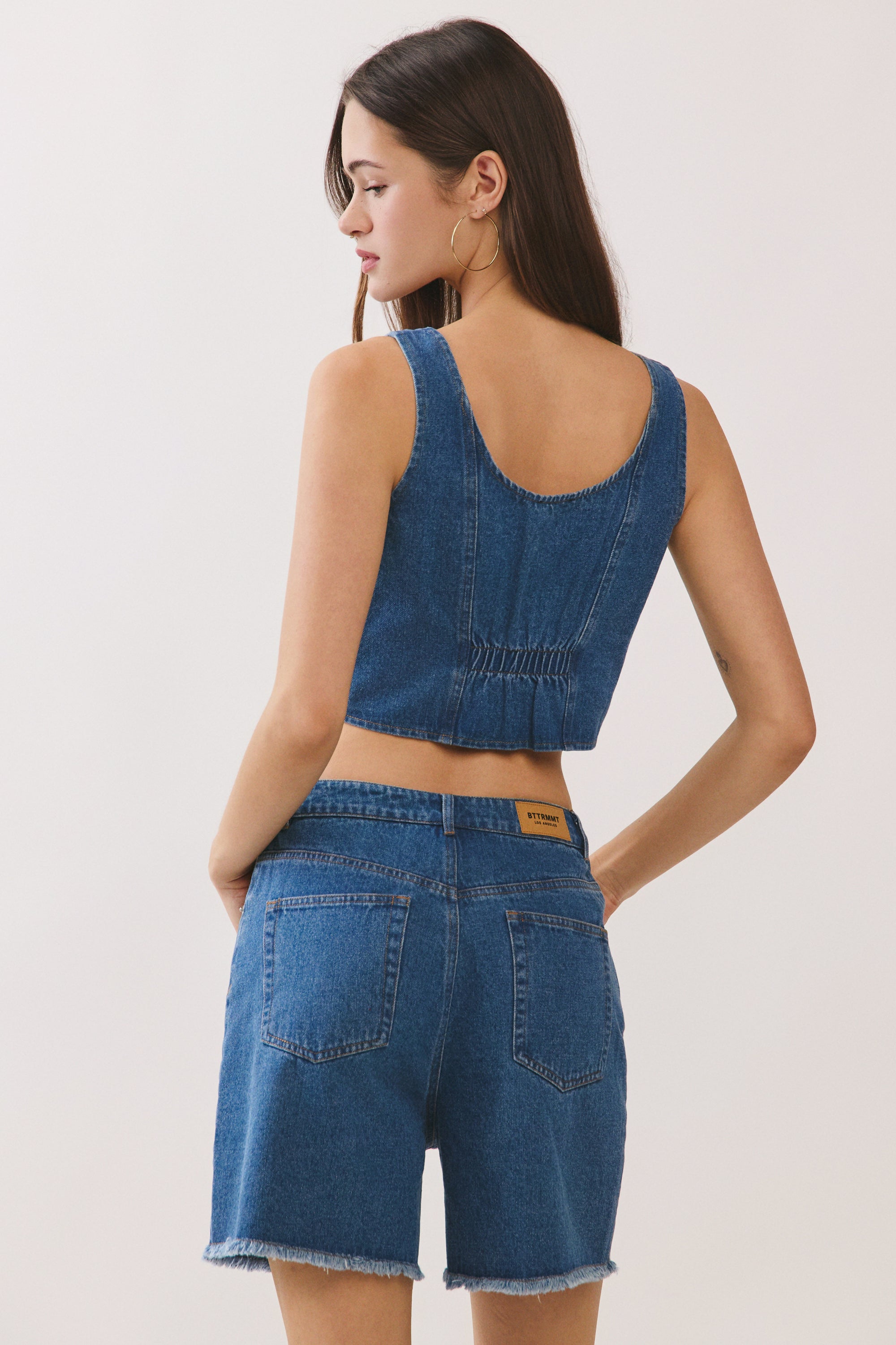 BTTRMMT Rae High Rise Denim Shorts back view showing structured fit, back pockets, and clean high-rise silhouette