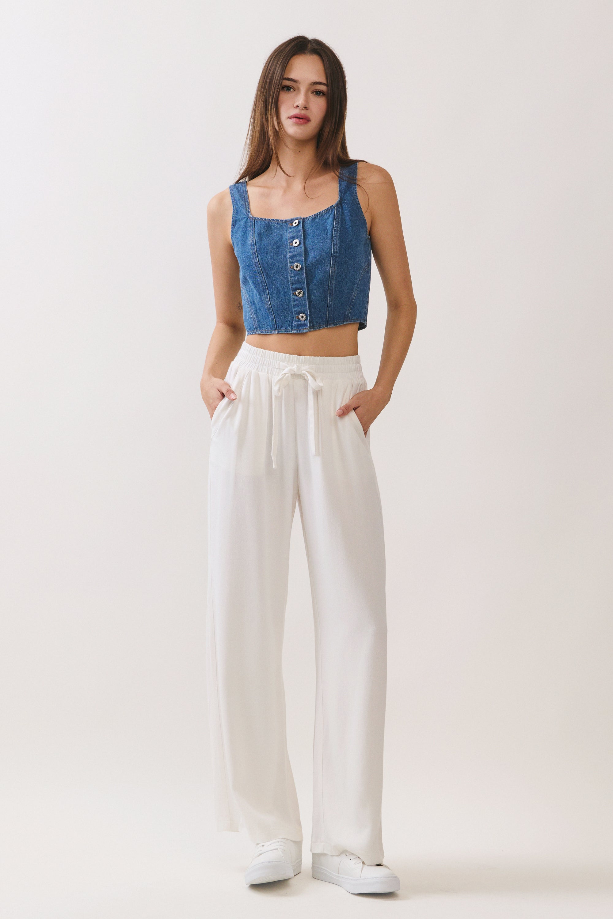 BTTRMMT Ivory Yuna Soft Wide Leg Pants front view showing relaxed wide-leg fit, elastic waistband, and flowy fabric