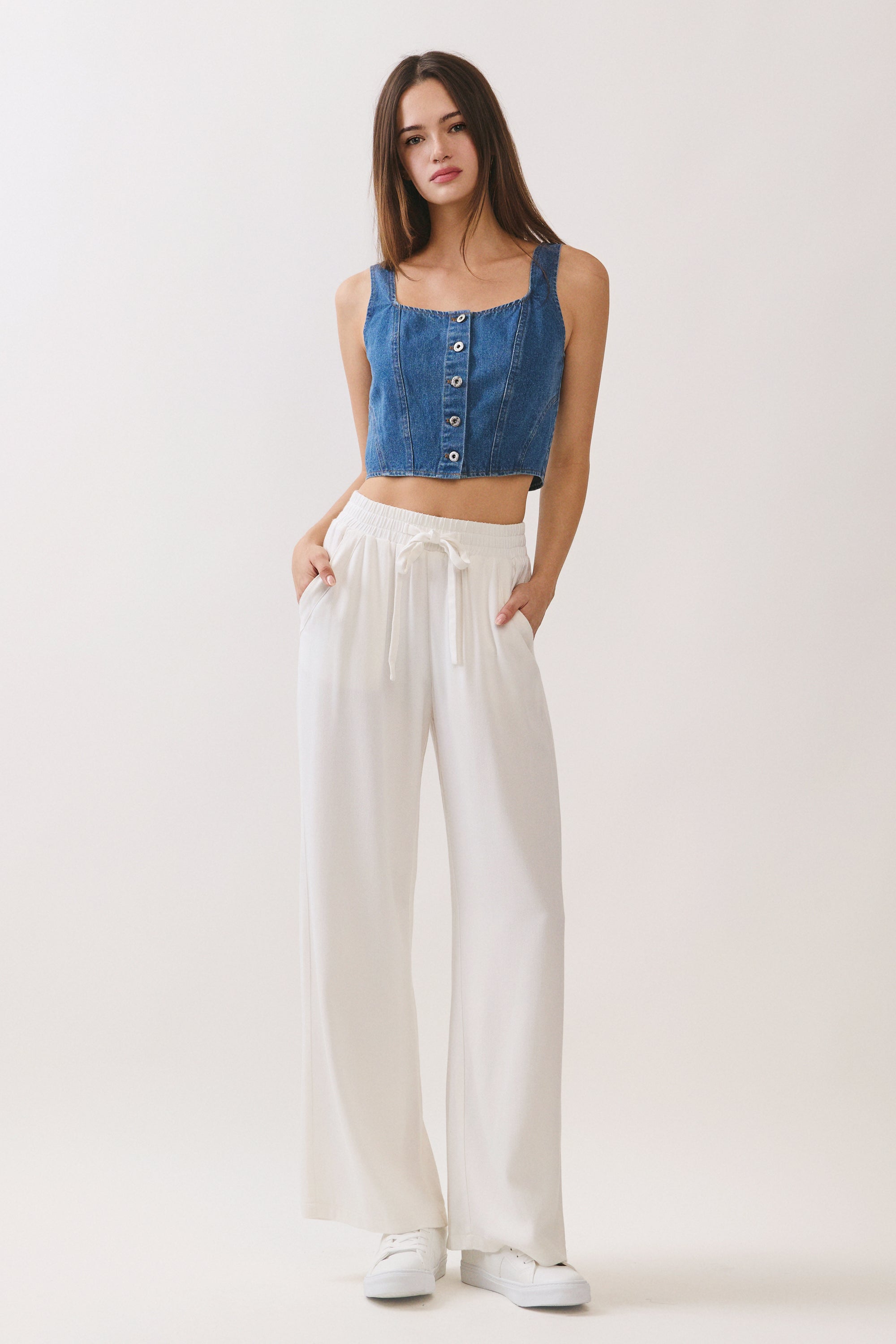 BTTRMMT Rae Structured Denim Top front view with square neckline, button-front detail, and cropped structured fit