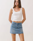 BTTRMMT Tate Everyday Denim Skirt front view, high rise mini denim skirt with clean straight fit