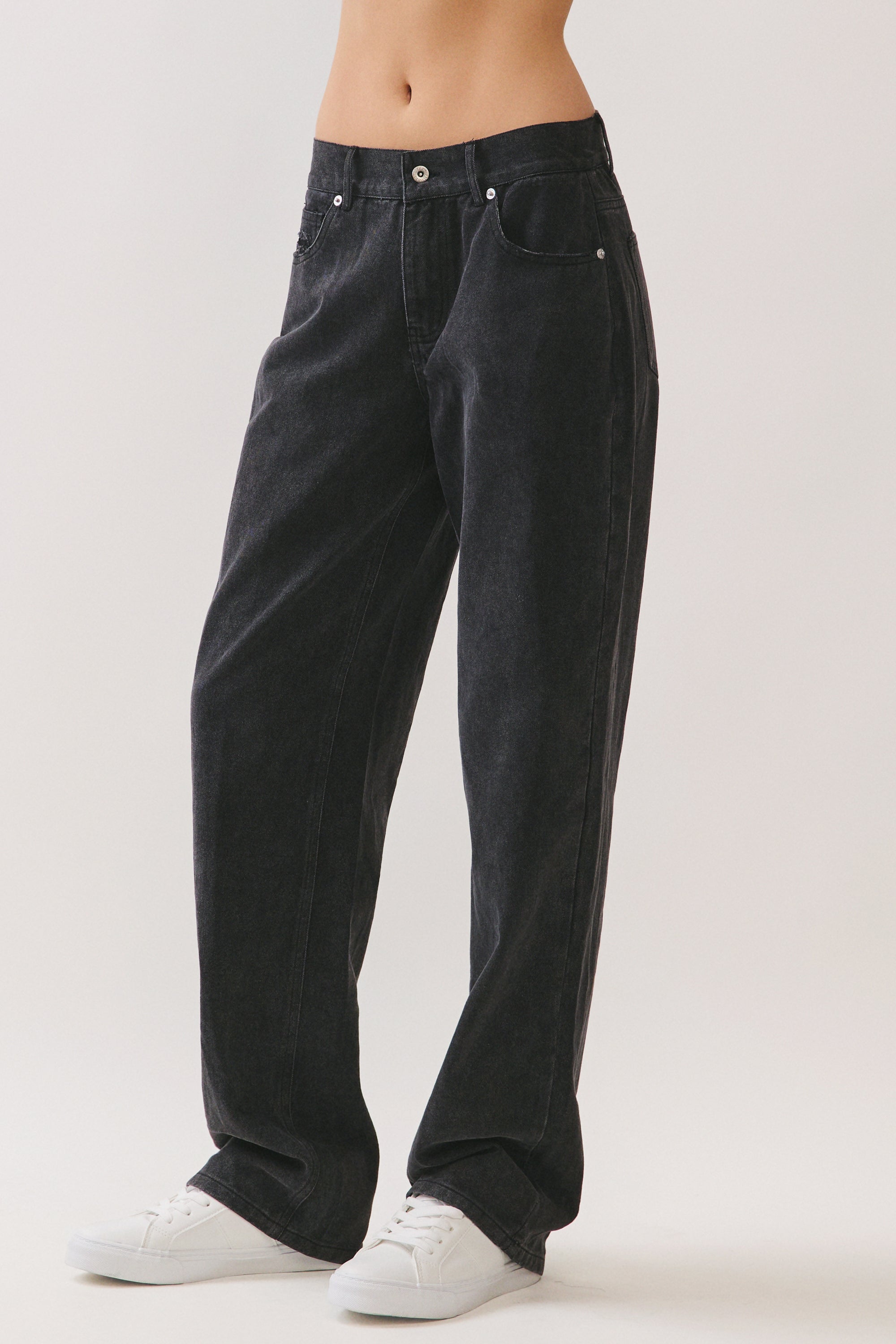 BTTRMMT Evie Mid-rise Washed Black Denim Jeans with mid-rise waist, straight leg fit, and classic five-pocket design.