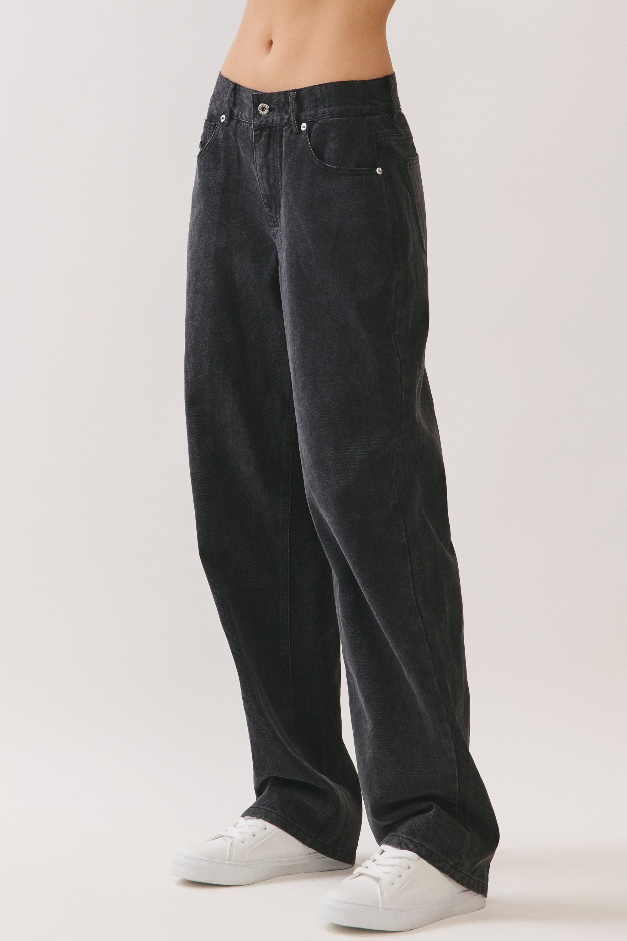 BTTRMMT Evie Mid-rise Washed Black Denim Jeans showing relaxed straight-leg silhouette and subtle washed black finish.