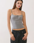 BTTRMMT Gray Lina Striped Button Tank front view with fitted cropped silhouette, thin straps, and button-front detail