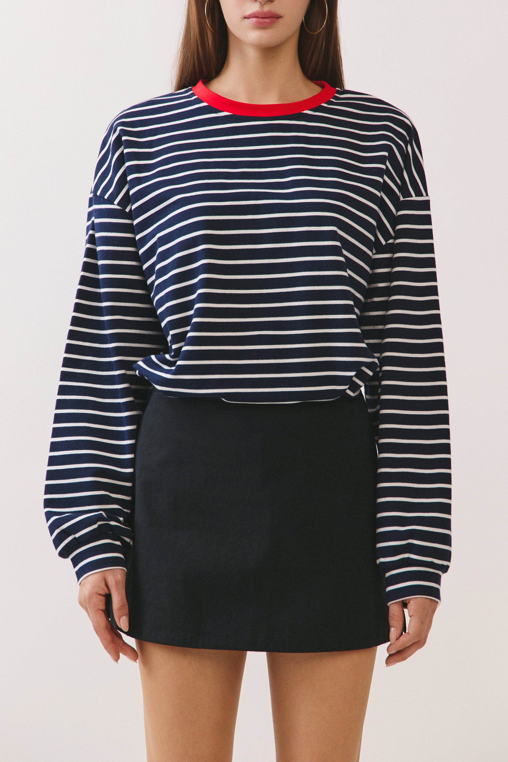 BTTRMMT Ellie Striped Long Sleeve front view with navy and white stripes, relaxed fit, and red crew neckline