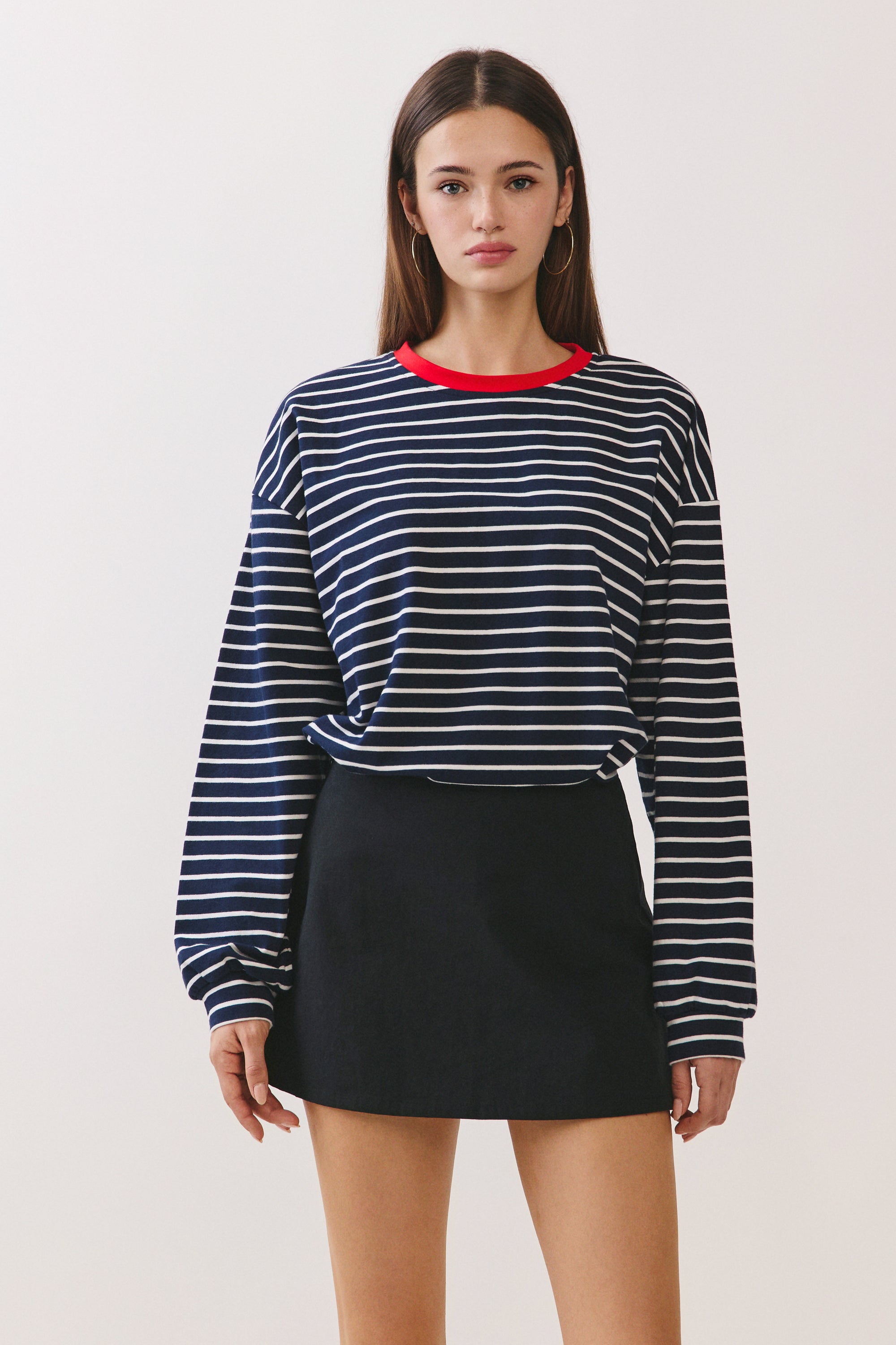 BTTRMMT Ellie Striped Long Sleeve front view with navy and white stripes, relaxed fit, and red crew neckline