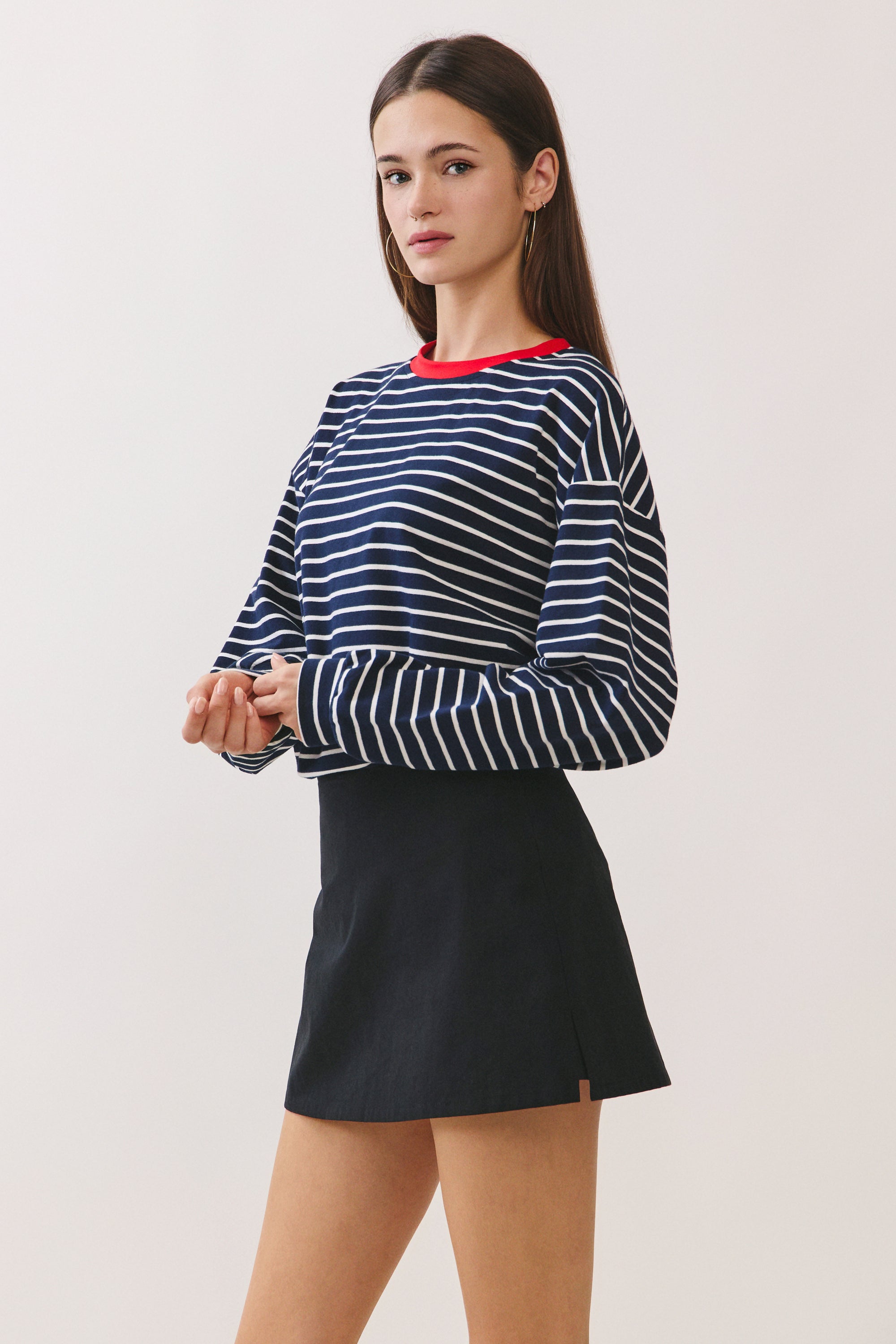 BTTRMMT Ellie Striped Long Sleeve side view showing relaxed silhouette, long sleeves, and soft striped fabric