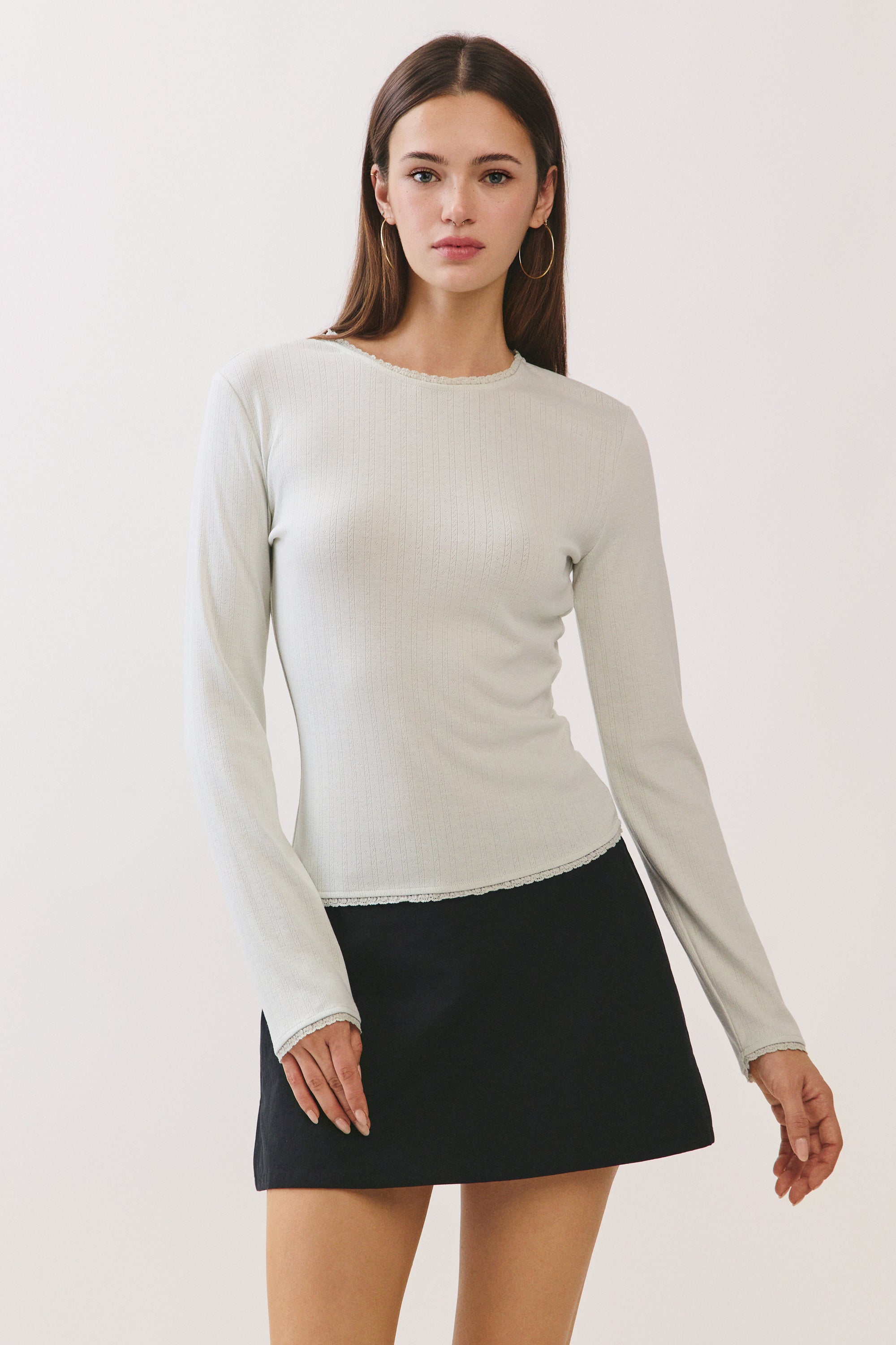 BTTRMMT Sage Green Selene Rib Tee front view featuring fitted ribbed long sleeve top with clean crew neckline