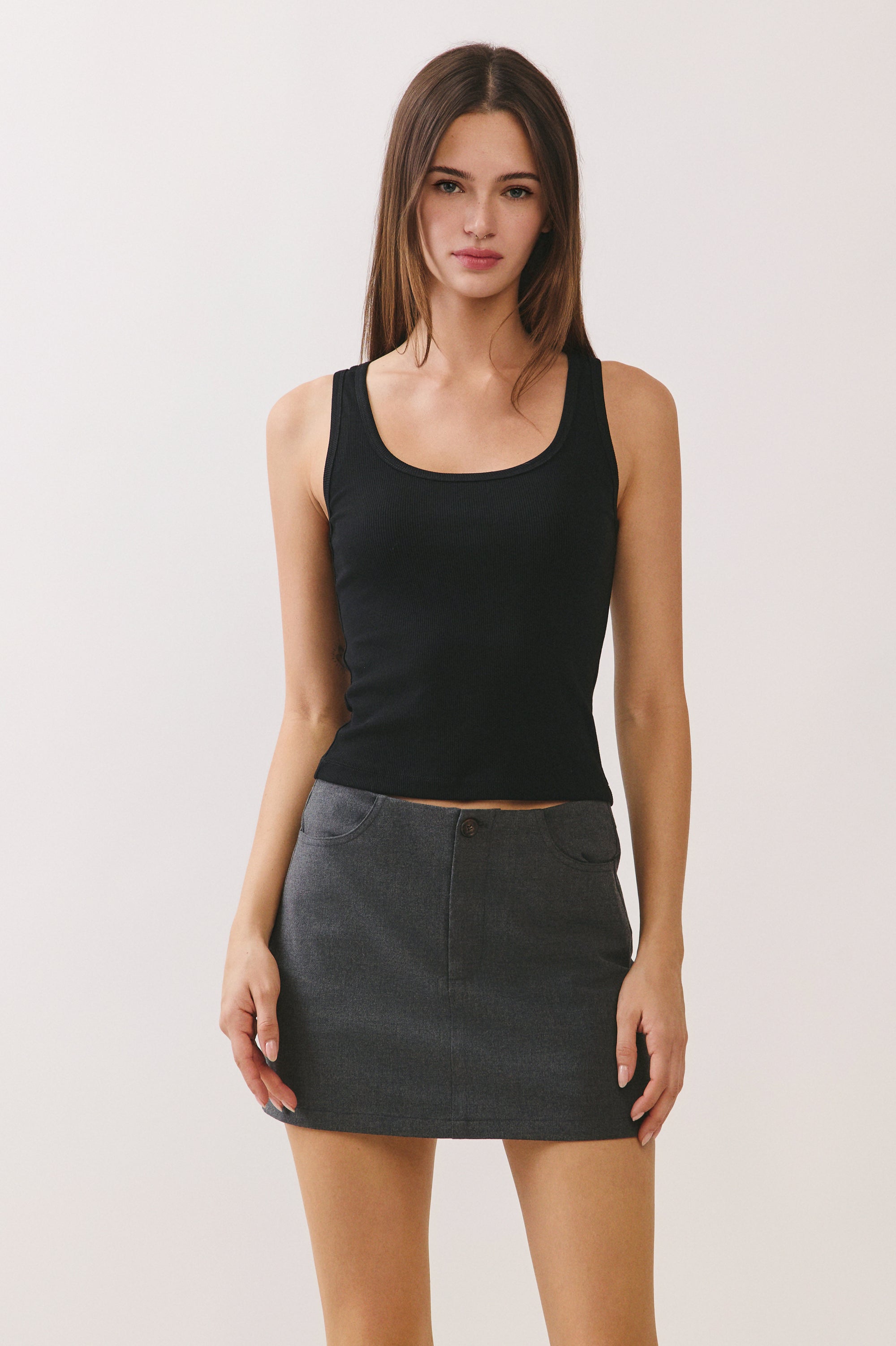 BTTRMMT Sculpt Square Tank front view featuring black ribbed tank with clean square neckline