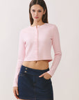 BTTRMMT Pink Sophie Ribbed Button Cardigan front view with cropped fit, long sleeves, and button-front design