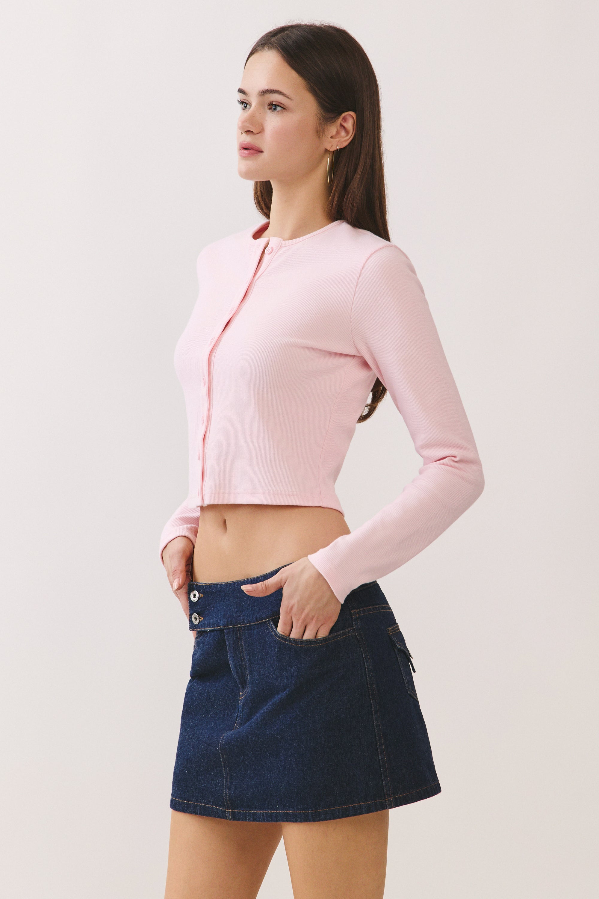 BTTRMMT Pink Sophie Ribbed Button Cardigan side view showing slim fit, ribbed texture, and long sleeves