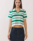 BTTRMMT Yuri Striped Top front view with cropped fit, green and white stripes, and collar neckline