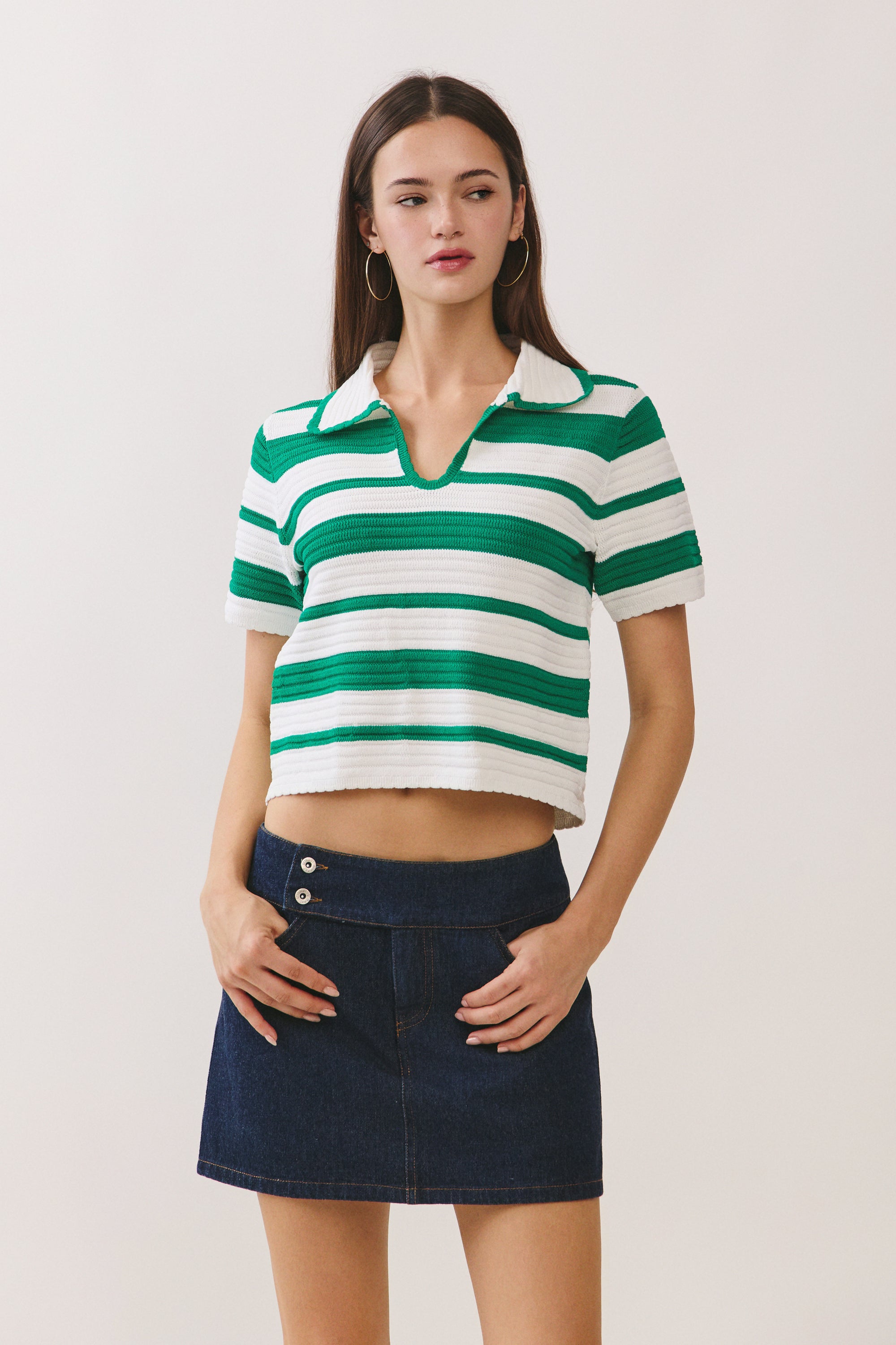 BTTRMMT Yuri Striped Top front view with cropped fit, green and white stripes, and collar neckline