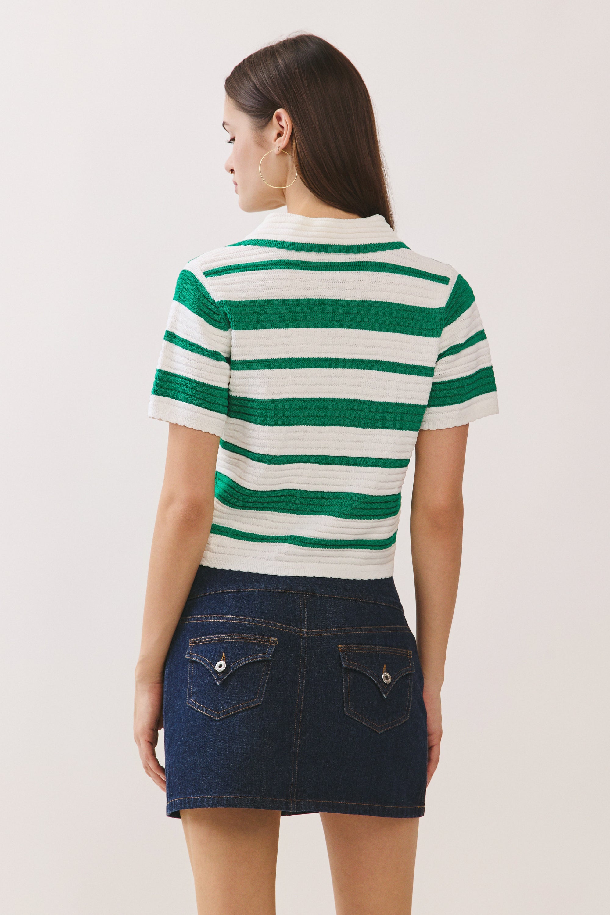 BTTRMMT Yuri Striped Top back view showing striped pattern and relaxed cropped silhouette
