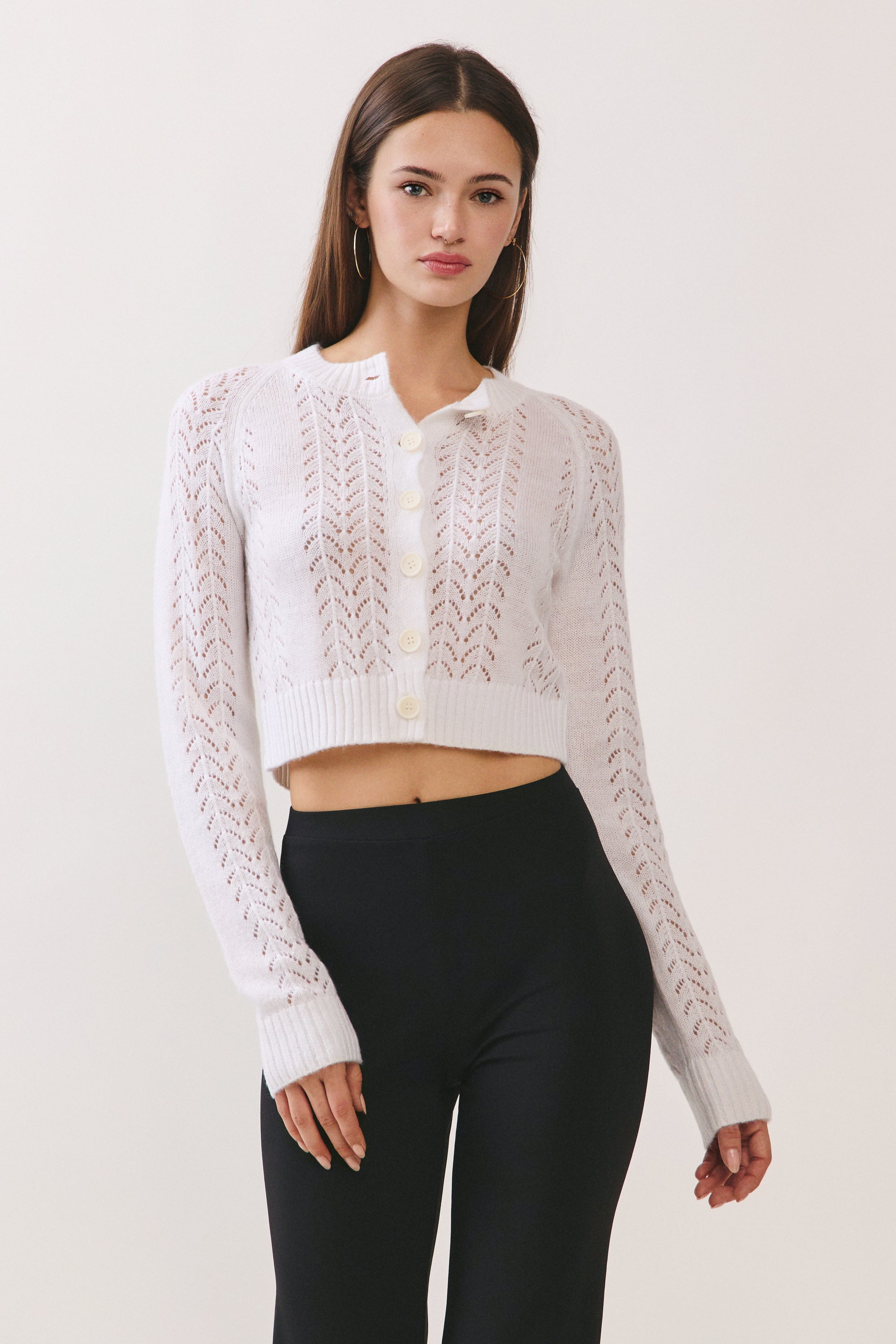 BTTRMMT lila lace cardigan front view with button-front design, delicate lace knit, and fitted silhouette