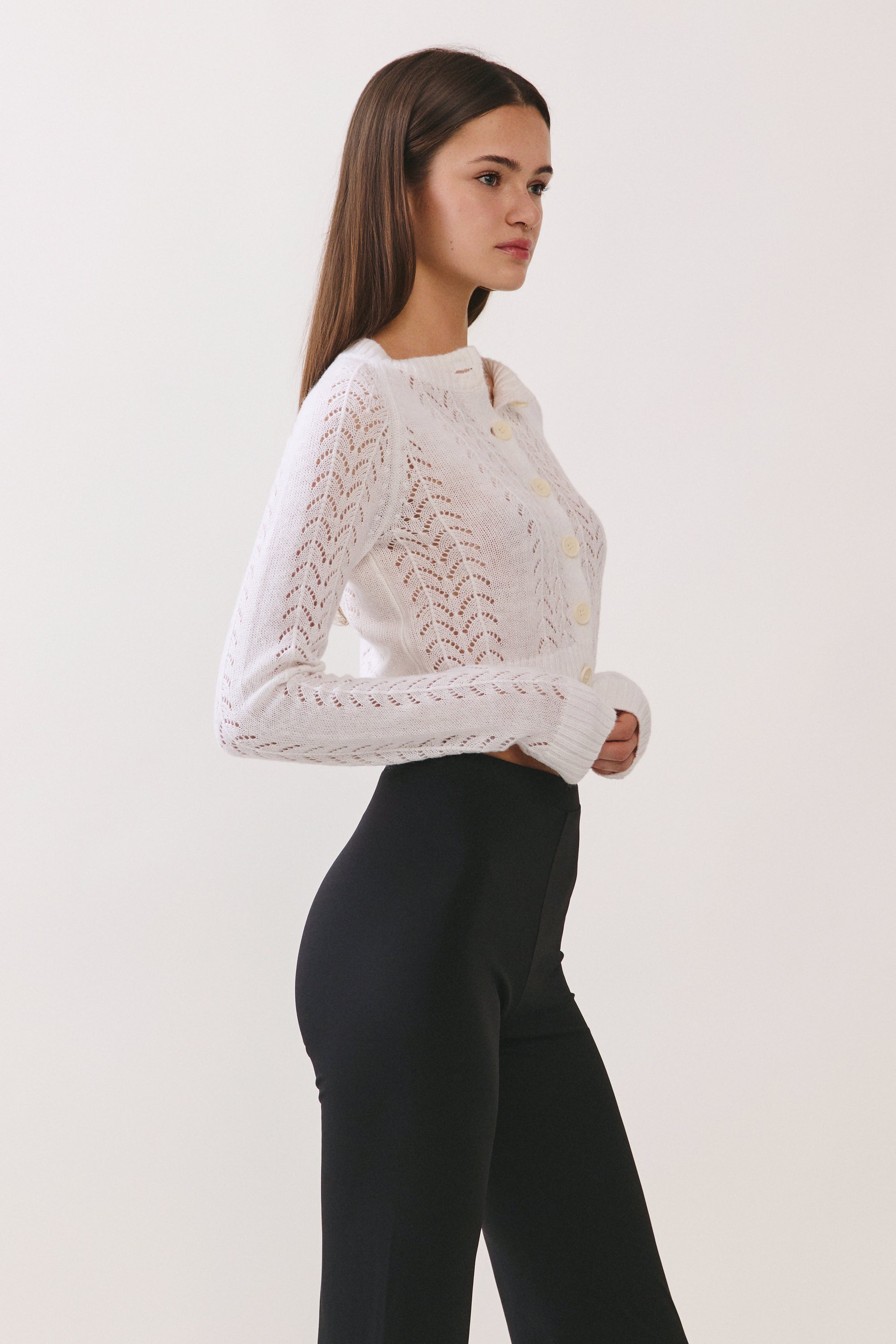 BTTRMMT lila lace cardigan side view showing long sleeves, lightweight lace texture, and slim fit
