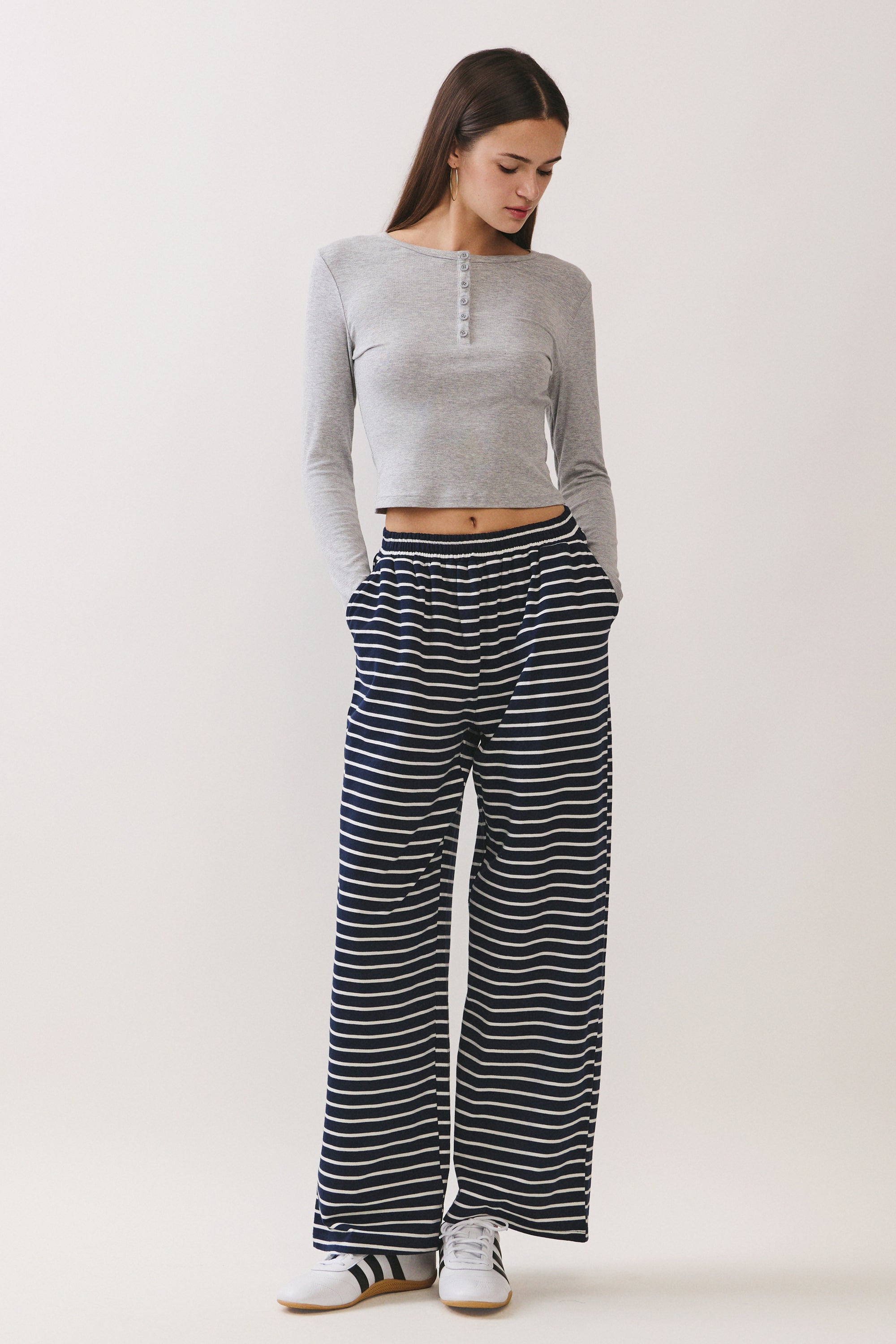 BTTRMMT Ellie Striped Pants front view featuring navy and white stripes, relaxed wide-leg fit and elastic waistband