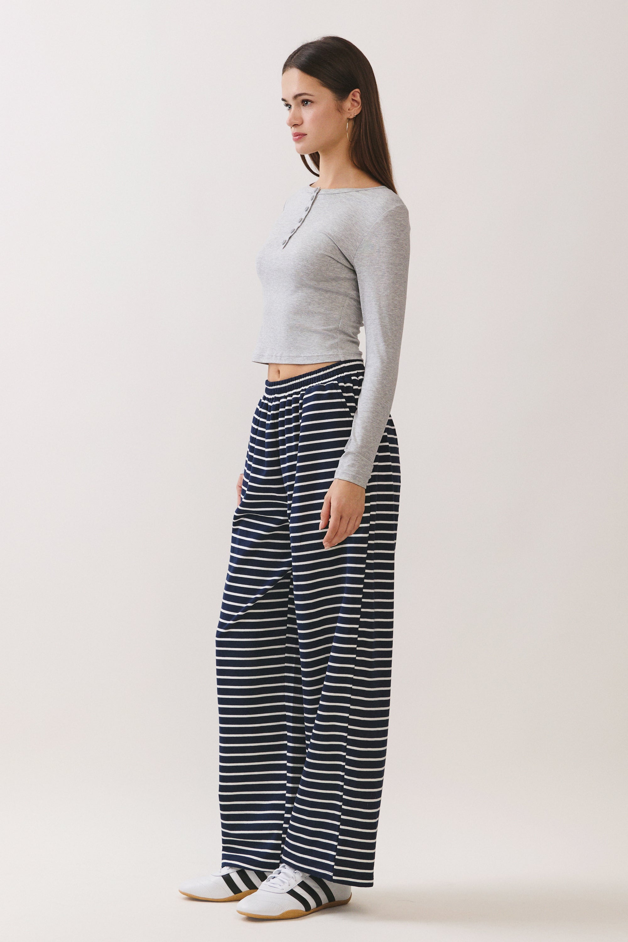 BTTRMMT Ellie Striped Pants side view showing flowy wide-leg silhouette and lightweight striped fabric