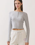 BTTRMMT Gray Aubree Henley Top front view with cropped fit, long sleeves, soft ribbed fabric, and button neckline