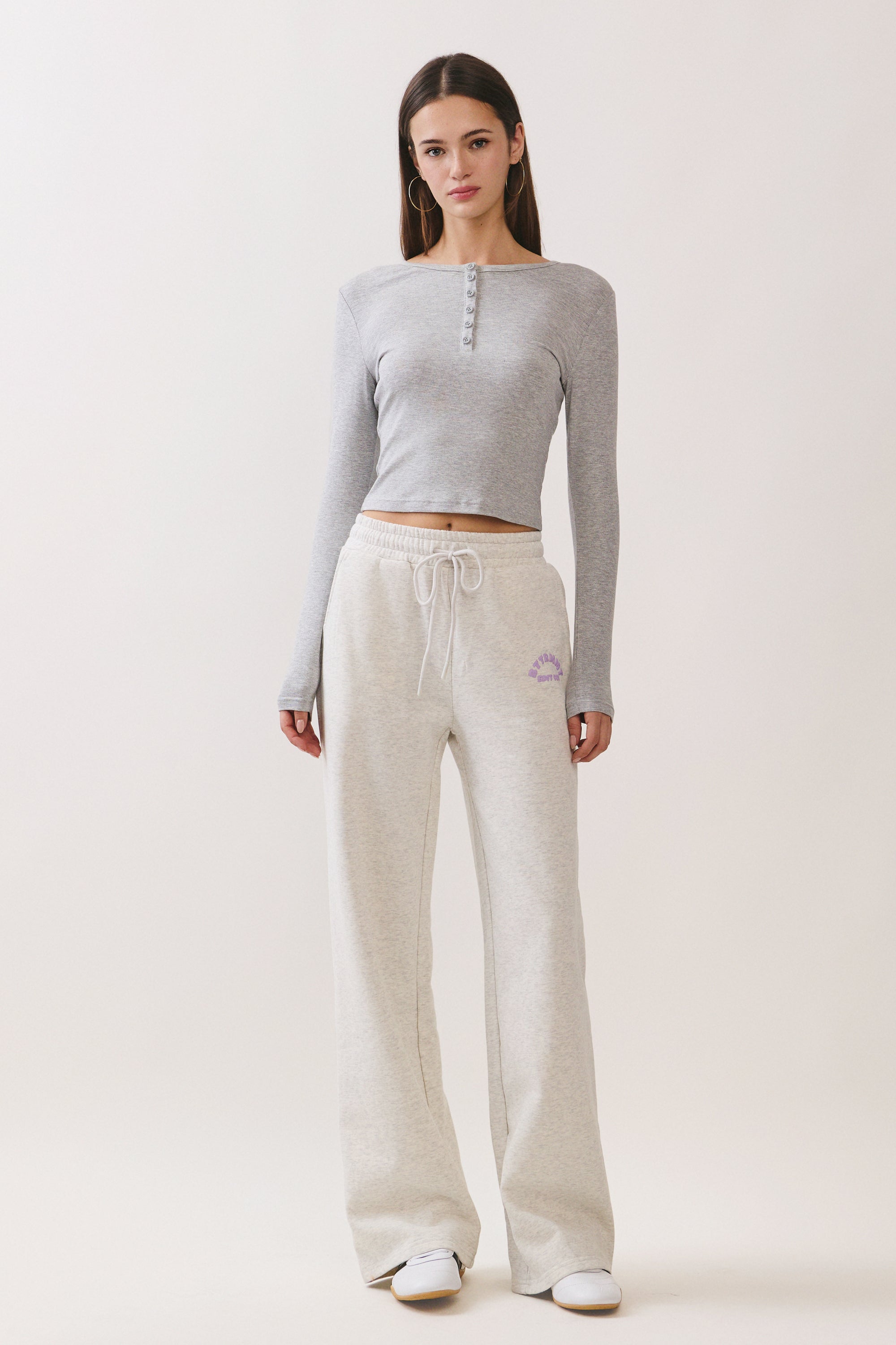 BTTRMMT Gray Aubree Henley Top front view with cropped fit, long sleeves, soft ribbed fabric, and button neckline