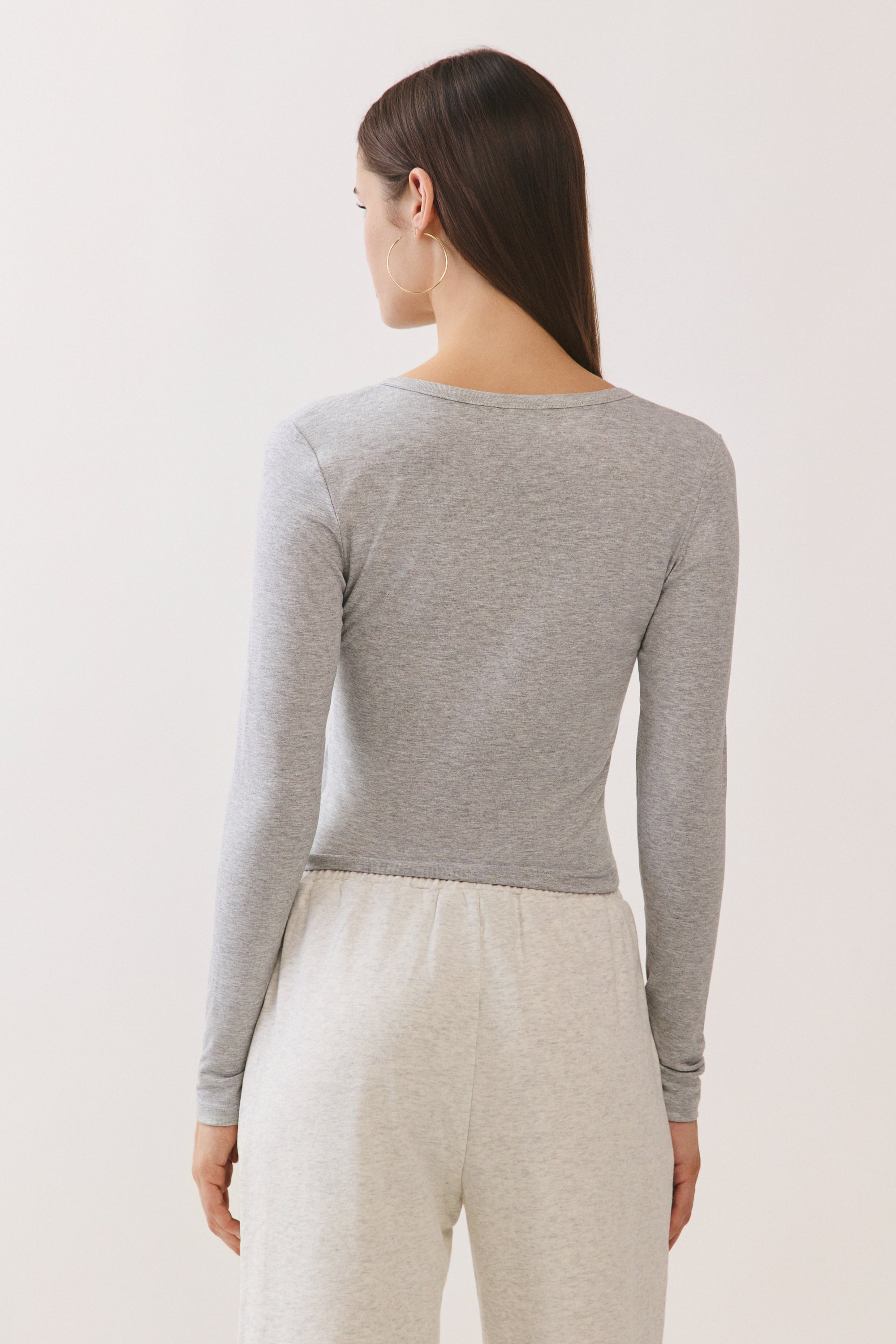 BTTRMMT Gray Aubree Henley Top back view highlighting clean back design, slim fit, and long sleeve cut