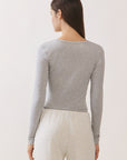 BTTRMMT Gray Aubree Henley Top back view highlighting clean back design, slim fit, and long sleeve cut