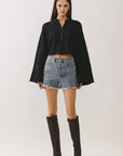 BTTRMMT Sunkissed Fringe High Rise Denim Shorts front view with high-rise fit and raw fringe hem