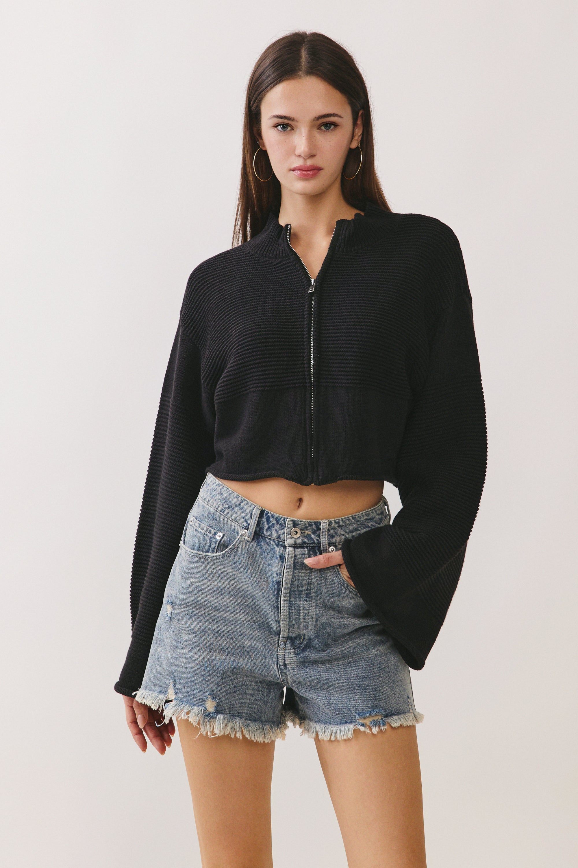 BTTRMMT Sunkissed Fringe High Rise Denim Shorts front view with high-rise fit and raw fringe hem