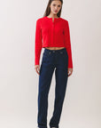 BTTRMMT Red Sophie Ribbed Button Cardigan front view with cropped fit, ribbed texture, and button-front design