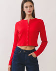 BTTRMMT Red Sophie Ribbed Button Cardigan front view with cropped fit, ribbed texture, and button-front design