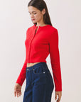 BTTRMMT Red Sophie Ribbed Button Cardigan side view showing slim long-sleeve silhouette and cropped length