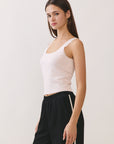 BTTRMMT Pink Kiara Lace Trim Tank side view showing slim fit, ribbed fabric texture, and wide straps