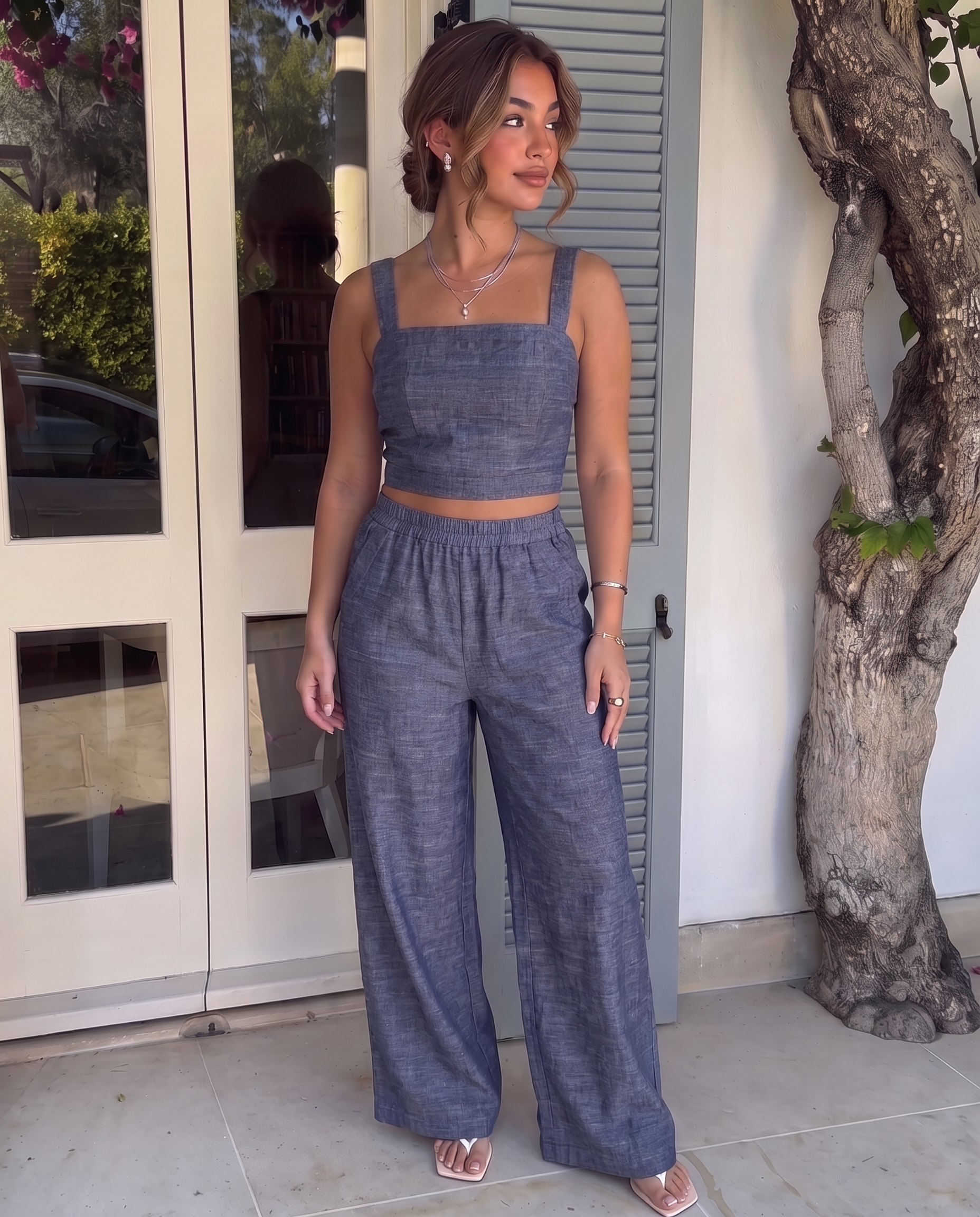 Women's denim blue matching set with cropped square-neck top and wide-leg pants