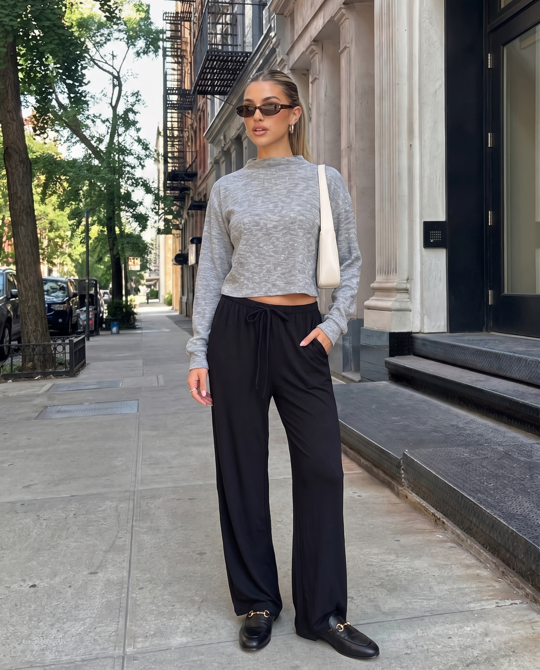 Model wearing the heather gray Elina High Neck Sweater with a cropped fit, long sleeves, and soft high neckline.