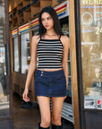 BTTRMMT Ivory/Black Rylee Striped Tank Top front view worn in downtown Los Angeles with fitted cropped silhouette