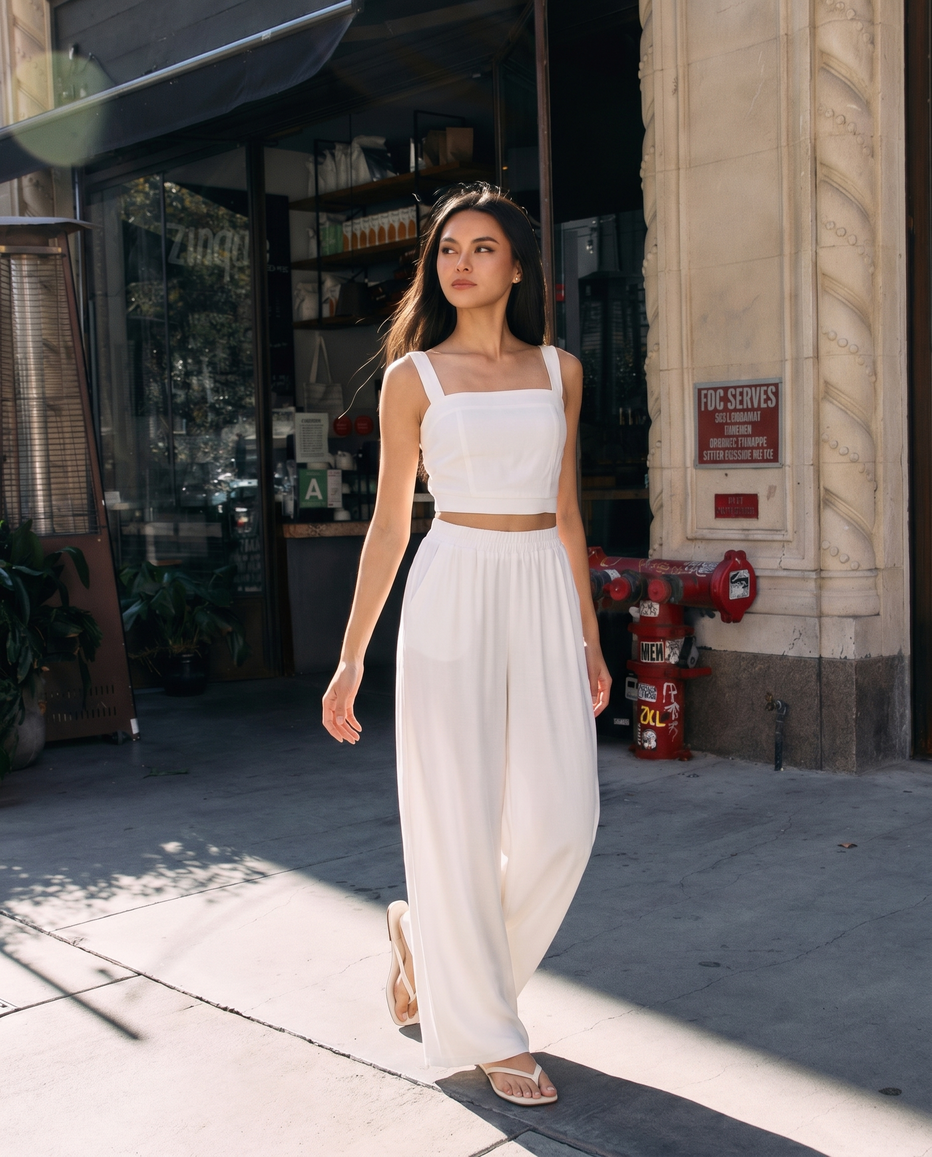 Model wearing BTTRMMT Ivory Olivyn Set featuring a cropped square-neck top and matching high-waisted wide-leg pants.