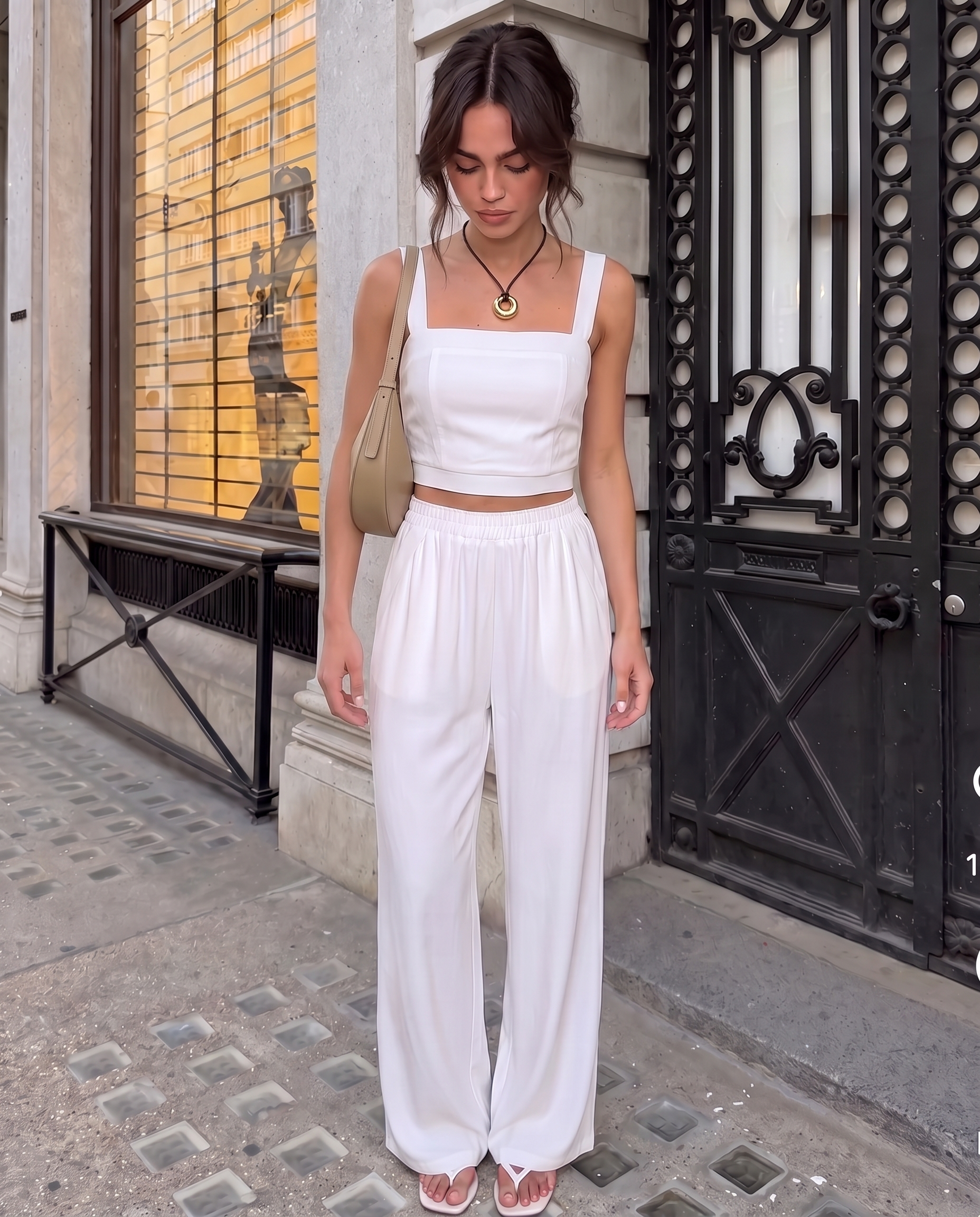 Model wearing BTTRMMT Ivory Olivyn Set featuring a cropped square-neck top and matching high-waisted wide-leg pants.