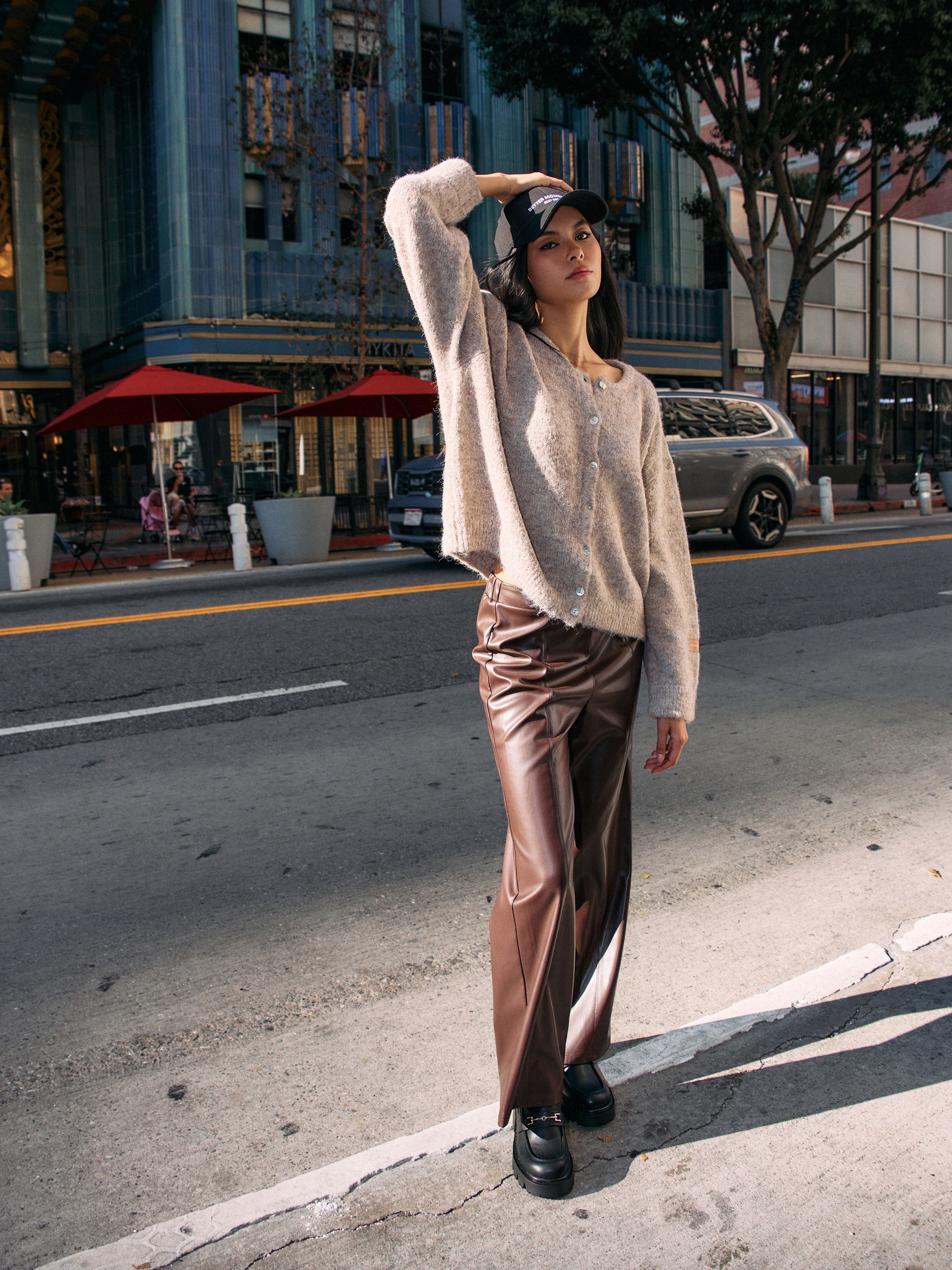 BTTRMMT Vera Faux Leather Pants styled on model in downtown Los Angeles street