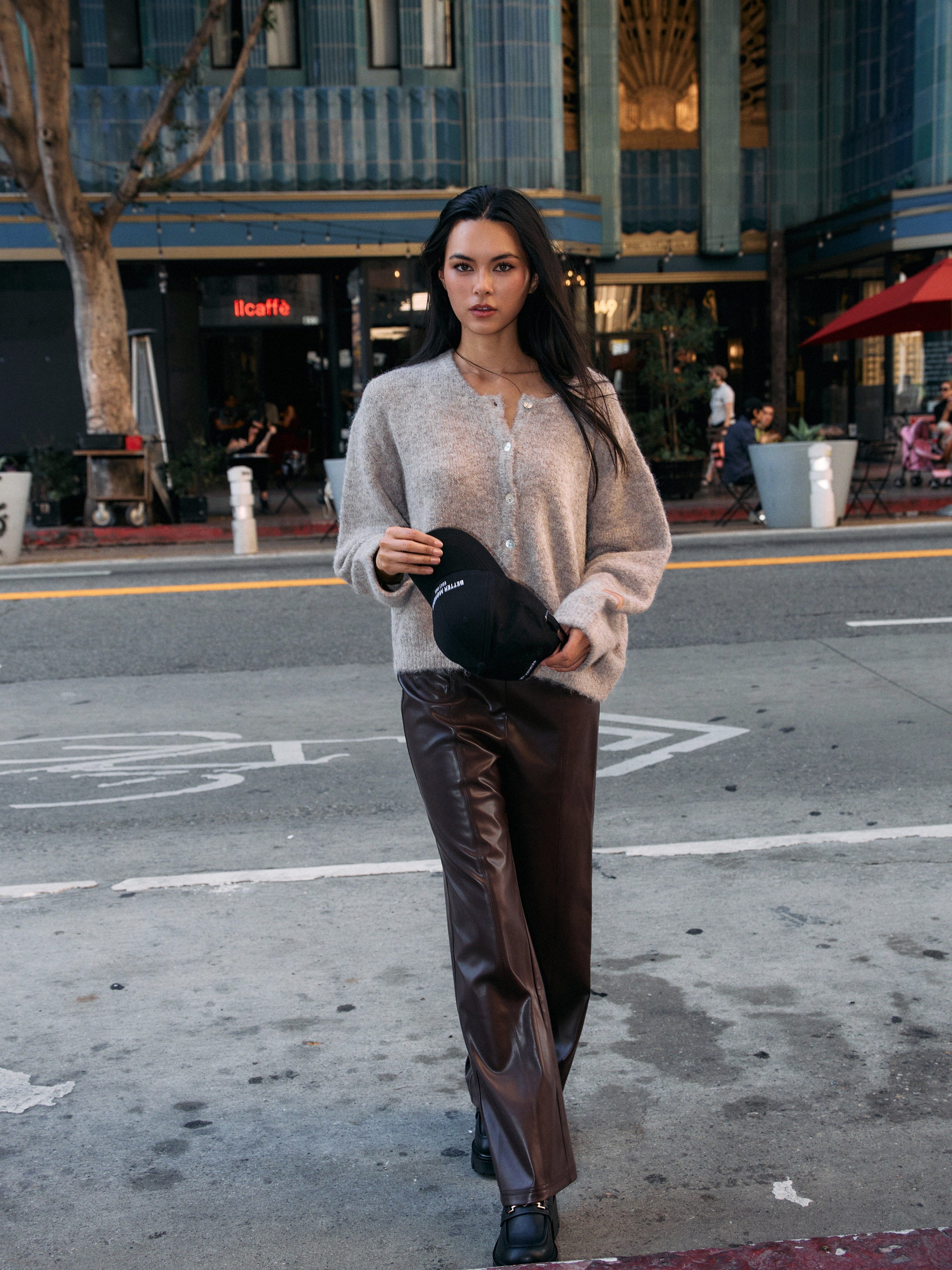 BTTRMMT Vera Faux Leather Pants styled on model in downtown Los Angeles street
